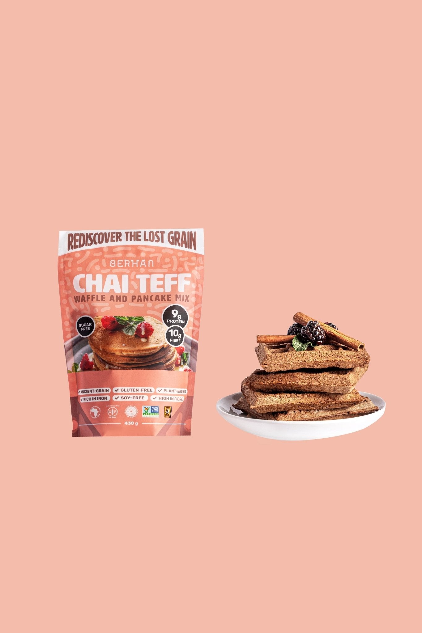 Plant-Based Protein Chai Teff Waffle and Pancake Mix | Naturally Gluten-Free | Iron Rich | Fiber Rich - Berhan Teff