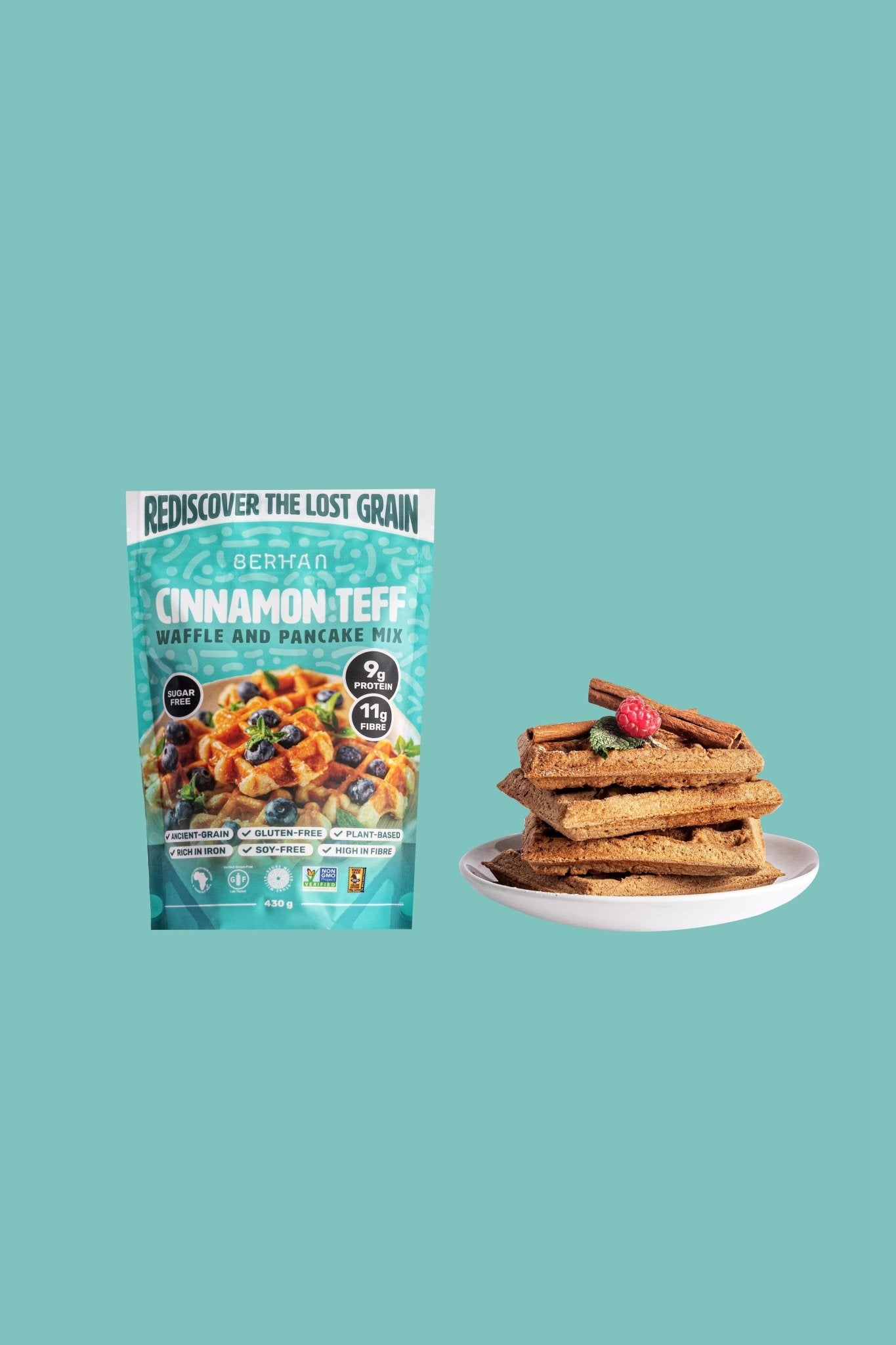 Plant-Based Protein Cinnamon Teff Waffle and Pancake Mix | Naturally Gluten-Free | Iron Rich | Fiber Rich - Berhan Teff